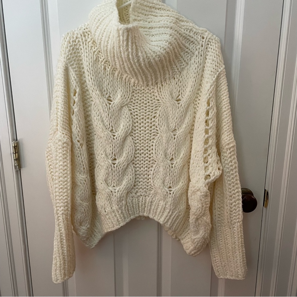 POE ivory cable knit turtle neck sweater